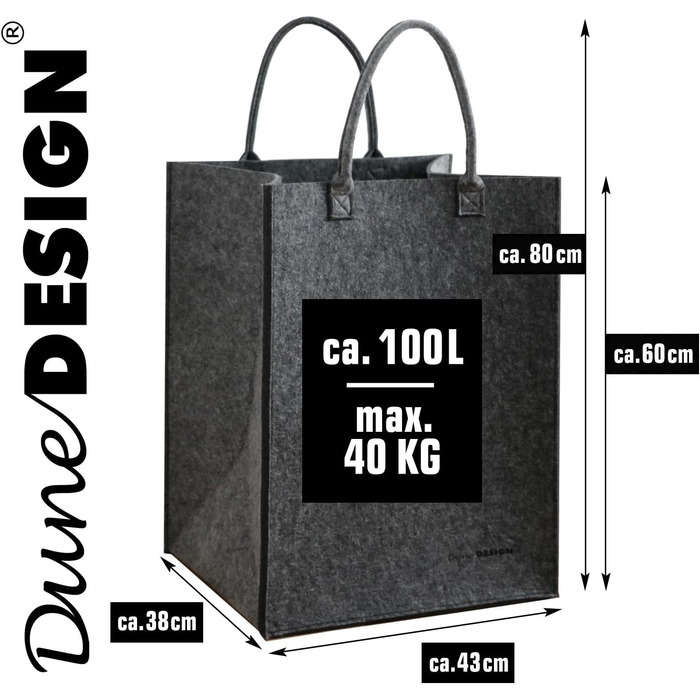 DuneDesign 100L Laundry Basket Felt Large - Felt Bag XXL Laundry Basket 60 cm tall - Felt Laundry Collector - Wooden Bag for Firewood Large Blanket Basket Living Room Bottle Collector Deposit Collection Storage Basket Felt