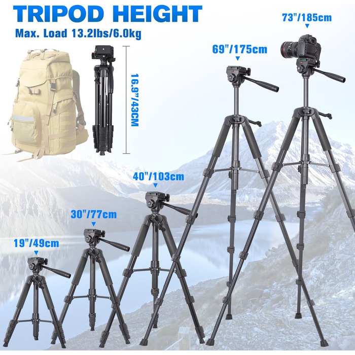 Штатив для камери 175 см, алюмінієвий відеоштатив з Fluid-головкою для Sony/Nikon/Canon, легкий штатив для телефону з 2 QR-пластинами, обертовий тримач для телефону/пульт дистанційного керування, для TikTok, Vlog (Чорний-175)