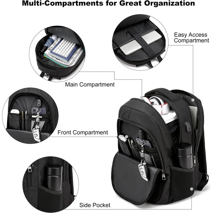 Рюкзак BIKROD для чоловіків та жінок, шкільний рюкзак для хлопчиків та дівчаток-підлітків, водонепроникний, з USB-портом для зарядки, антикрадійний, для роботи та подорожей, вміщує ноутбук 15.6 дюймів (Чорний)