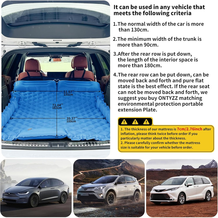 Автоматичний килимок для авто SUV, 2 особи, повітряний матрац для подорожей та кемпінгу, самонадувний килимок з насосом та подушками, надувне ліжко для кемпінгу 183*13*7 см, матеріал: Pu, колір: чорний, в комплекті: синій та сірий плед