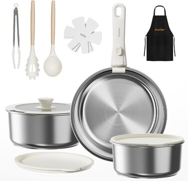 Набір посуду з нержавіючої сталі 14 предметів: каструлі та сковорідки з керамічним покриттям, знімні ручки. Включає сковорідку 24 см, каструлі 18/20 см. Можливість складання. Підходить для всіх типів плит. Білий (сріблястий)