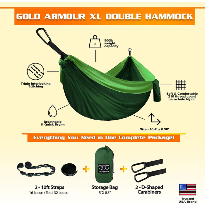 Гамак подвійний Gold Armour для кемпінгу - великий парашутний, нейлон, для дорослих та дітей (зелений). З ременями та петлями.