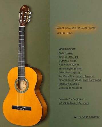 Кітара класична Winzz 4/4 для дорослих та дітей (від 11 років), набір для початківців, чорний глянцевий, 39 дюймів