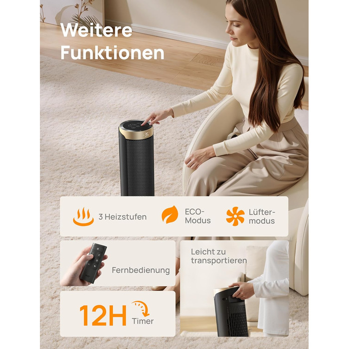 Електричний обігрівач Dreo 2000W з термостатом та Wi-Fi, 16 дюймів, 3 режими, 3 швидкості, 12h таймер, для спальні, золотий