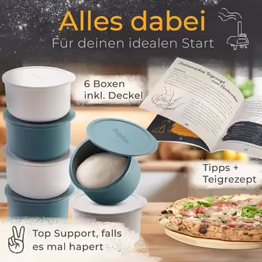 Pizza Ball Box with Lid, Set of 4 - Space-saving dough box made of non-stick silicone - Holds up to 350g of pizza dough - Proofing box, pizza accessories, pizza box - Black/Gray - Ø13cm (6-piece blue+white)