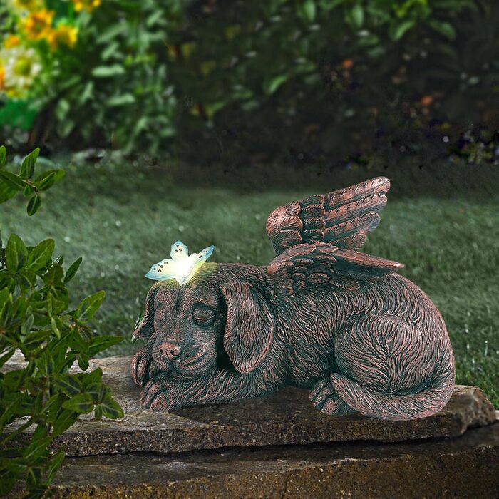 Yeomoo Dog Angel Solar Garden Decorations for Outdoors with Butterfly - Weatherproof Animal Statue Balcony Decor, Sleeping Puppy Solar-Powered Figure Grave Ornament Tombstone, Gifts for Women Mom Copper