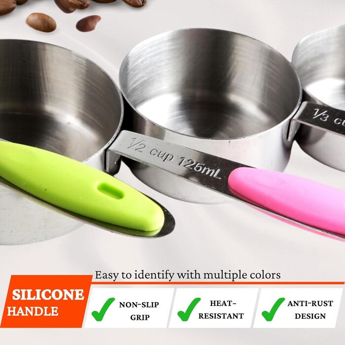 Stainless steel measuring cups and spoons, set of 15 measuring cups, 5 measuring spoons, and 5 small spoons, nesting metal measuring cup set with colorful silicone handles for cooking and baking
