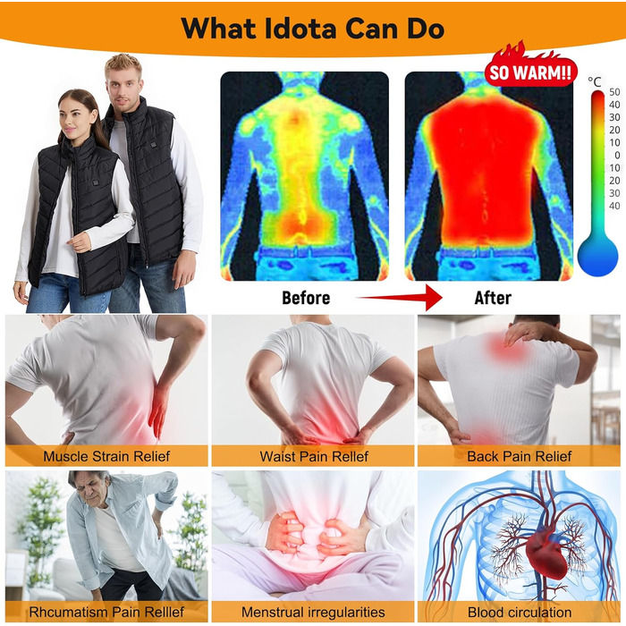 Обогревна жилетка для чоловіків та жінок, USB-жилетка з підігрівом, унісекс, жилетка з підігрівом, перезаряджається, 9 зон підігріву, 3 рівні температури для активного відпочинку та походів