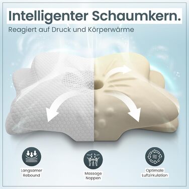 Ортопедична подушка для шиї при болях у шиї з високоякісної піни з пам'яті - Ергономічна подушка для шиї - Подушка для тих, хто спить на боці, на спині та на животі - знімний чохол, придатний для прання при 40°C (61 x 40 x 12, білий)