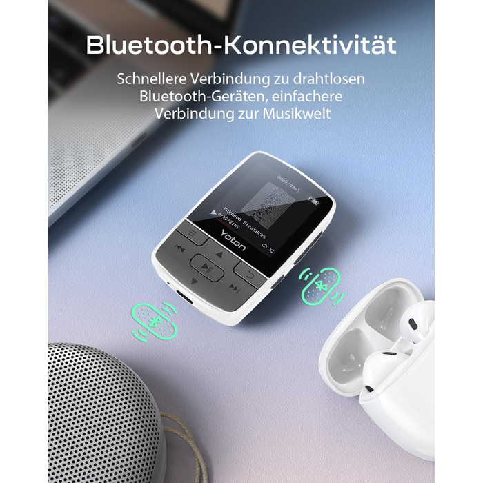 MP3-плеєр YOTON з Bluetooth 5.2, Hi-Fi звук, FM-радіо, диктофон, регулятор гучності, навушники, підтримка SD до 128 ГБ (Білий)