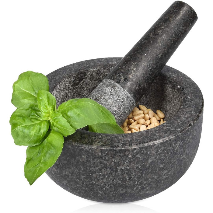 Navaris Granite Mortar and Pestle Set - Large Stone Mortar & Pestle for Spices, Pesto, Herbs - Includes Stamper with Mallet - Ø 16cm