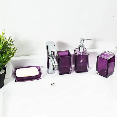 Bathroom Accessories, 5-Piece Set, Resin/Acrylic, Complete Set, Lotion/Soap Dispenser, Soap Dish, Toothbrush Holder, Cup, Toilet Brush and Holder, Modern Bathroom Decor and Gift Set, (Purple)