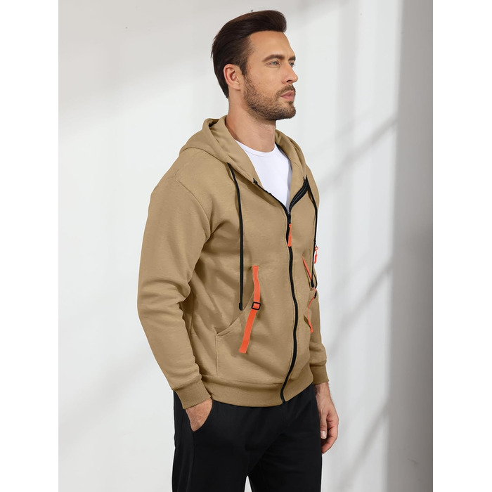 Світшот з капюшоном Aulemen для чоловіків з блискавкою, з довгим рукавом, Slim Fit, з кількома кишенями (Хакі, M)
