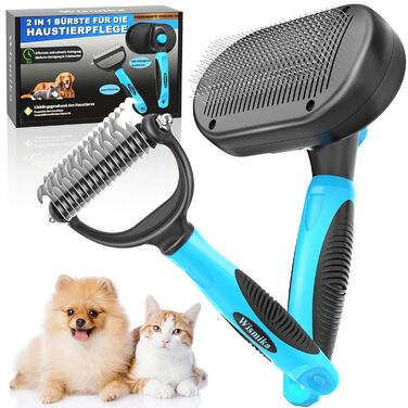 Двостороння щітка для грумінгу собак та котів 2-в-1, для видалення підшерстка, самоочисна (блакитна)