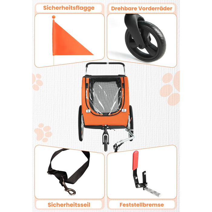 SEPNINE® Велосипедна причепа для собак XL, 2-в-1: причеп та візок для собак з відбивачами та гальмом, матеріал: 600D Oxford Canvas, максимальне навантаження 40 кг, помаранчевий колір