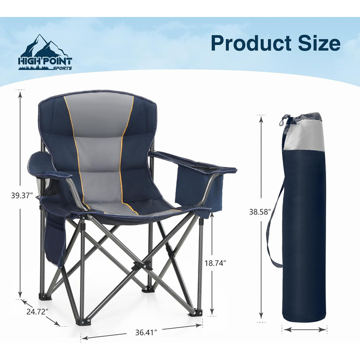 Крісло для кемпінгу High Point Sports 2 шт., блакитне, складне, 200 кг, з підлокітниками та кишенею для напоїв