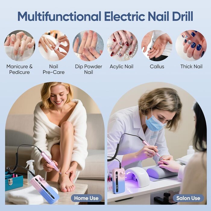 Електричний апарат для манікюру та педикюру з 15 насадками та 30 шліфувальними стрічками. Регулювання 0-35000 об/хв. Портативний.