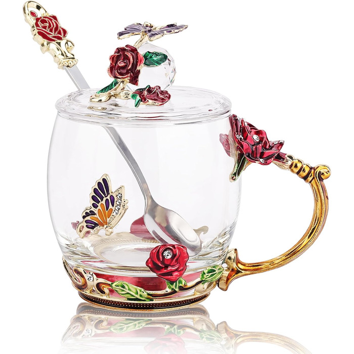Enamel Butterfly Flower Tea Cup Sets with Spoon and Lid, Glass Coffee Mugs, Wedding Birthday, Valentine's Day, Christmas, Gift for Women Wife Friend (Pink)