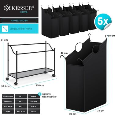 KESSER® Laundry Basket, Laundry Collector, Laundry Sorter with 3 Removable Fabric Bags | 3 Compartments x 35 Liters | Laundry Box with 12 Laundry Instructions, 360° Swivel Wheels with Brake, Laundry Sorting System, Laundry Cart, Beige