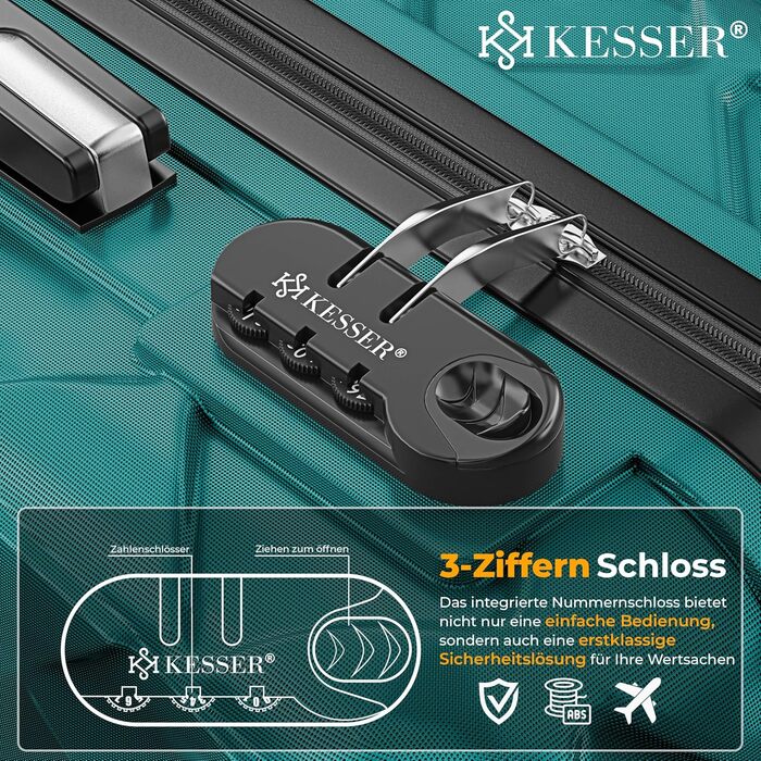 Набір валіз KESSER® 4 в 1 | Валізи з ABS, кодований замок, ваговою вагою та органайзером для подорожей | Ручна та велика валіза для бізнесу та подорожей, Petrol