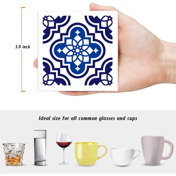 Coasters for drinks, 6 pieces, yellow lemon, fruit, blue ceramic tiles, pattern, absorbent, square, ceramic stone mat, with cork bottom and metal holder, housewarming gift, (Blue Ceramic)