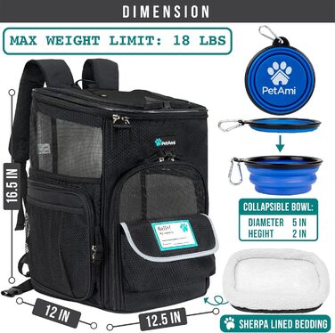 PetAmi Рюкзак-переноска для собак та котів, чорний, для подорожей, з вентиляцією, м'які стінки