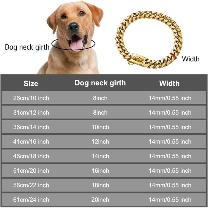 Нашийник для собак Кубинський стиль, нержавіюча сталь, ширина 14 мм, ланцюжок, довжина 26/31/36/41/46/51/56/61 см, золотий, для цуценят, собак маленьких та середніх порід