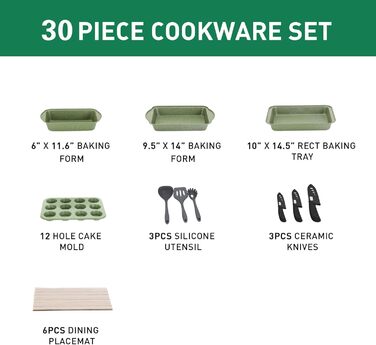 Kitchen Academy 30-Piece Induction Cookware Set with Glass Lids and Granite Coating, including Frying Pans and Pots (Green)