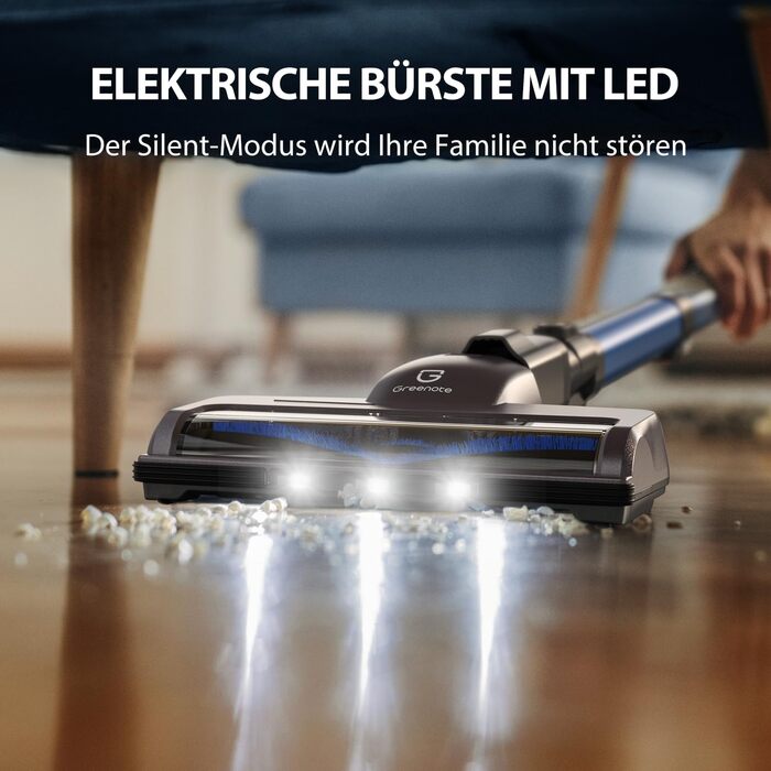 Greenote Бездротовий акумуляторний пилосос: 30 хв роботи, LED, насадка для щілин та м'яка щітка, паркування, для твердих поверхонь та шерсті тварин