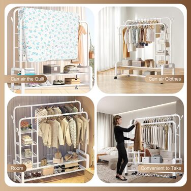Clothes rack, clothes rail, rolling clothes rack, rolling clothes rail, stable clothes rack, black clothes rack, clothes rack with wheels and two clothes rails (Black) (Blanco1)