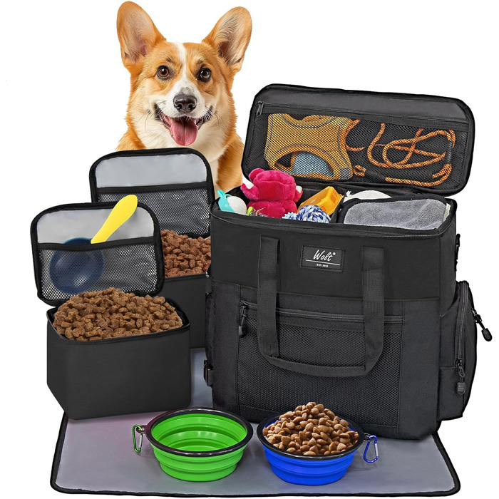 Сумка для собак Wolt: переносна сумка для подорожей з набором мисок та контейнерами (чорна)
