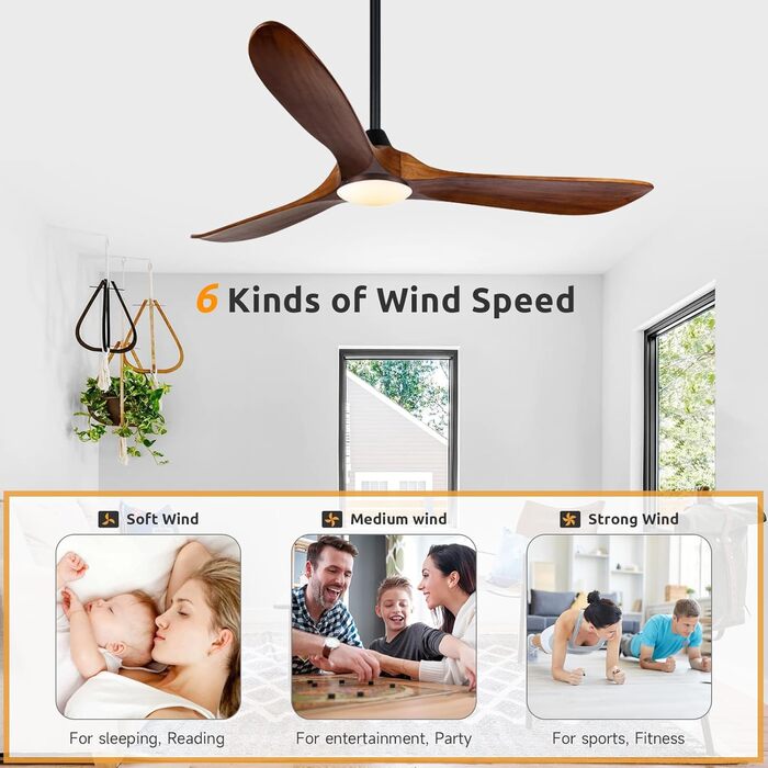 Дзеркальний вентилятор для стелі з дерева, без освітлення, з дистанційним керуванням, тихий, для вологого приміщення (132 см/52 дюйми, коричневий, 3 лопаті)