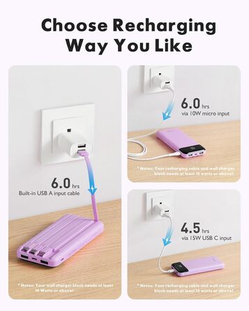 Charmast Power Bank 10000mAh з 4 кабелями (USB-C, Lightning, Micro USB) – портативний акумулятор для iPhone, Samsung, iPad, AirPods (Фіолетовий)