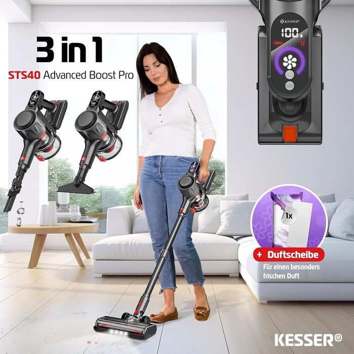 Бездротовий акумуляторний пилосос KESSER® з LED дисплеєм, до 60 хв роботи, тихий, без мішка, з антинамотувальною щіткою, HEPA фільтр, для твердих поверхонь та килимів, з аромадиском, чорний/червоний