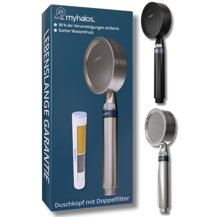 Лійка для душу MyHalos® з фільтром, економна, високий тиск, 3-шарова фільтрація від хлору, бактерій та вапна, антинакип, для жорсткої води, нікель щіткований