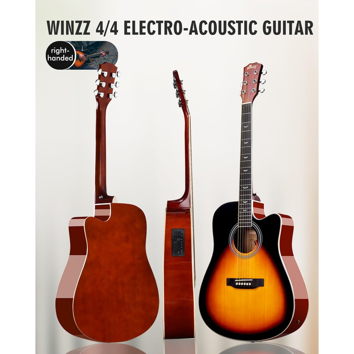 Електроакустична гітара Winzz Western 4/4 для початківців, дорослих та дітей (праворуч, чорний глянцевий) (праворуч, санберст глянцевий)