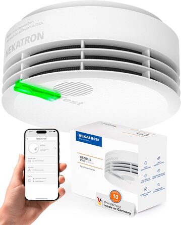 Hekatron Genius Plus – Smoke Detector 10-Year Battery – Stiftung Warentest Test Winner – made in Germany – incl. 1x adhesive pad – App-supported – Fire Alarm – multilingual – 1 piece