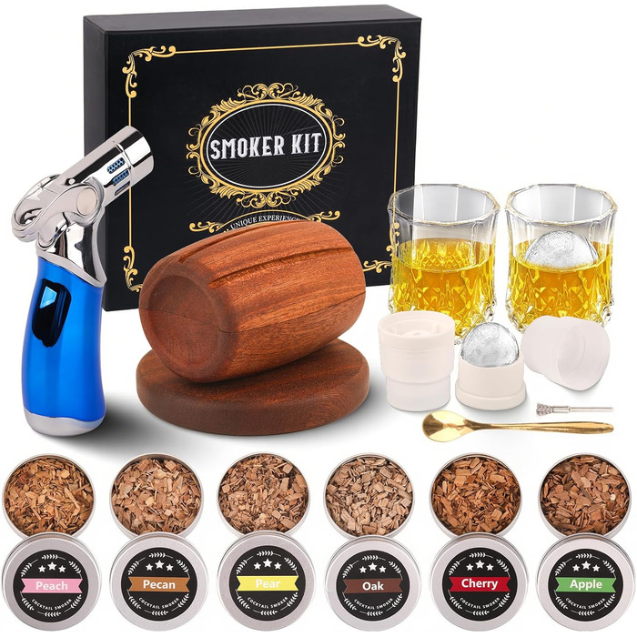 Набір для копчення коктейлів: 6 смаків, дерев'яні чипси, форми для льоду, 2 склянки. Ідеальний подарунок для чоловіків. (Без бутану)