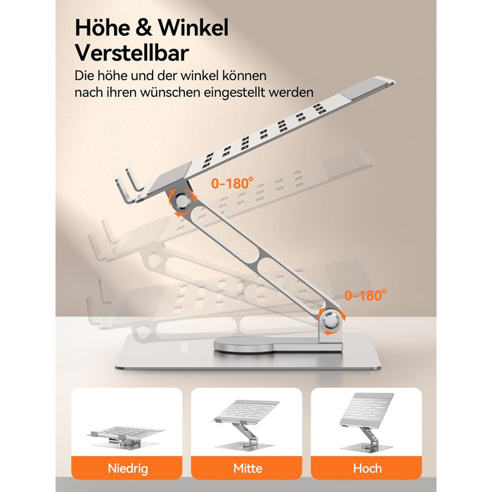 Підставка для ноутбука TECKNET, регульована висота, 360° обертання, складна, для MacBook Air/Pro, до 17