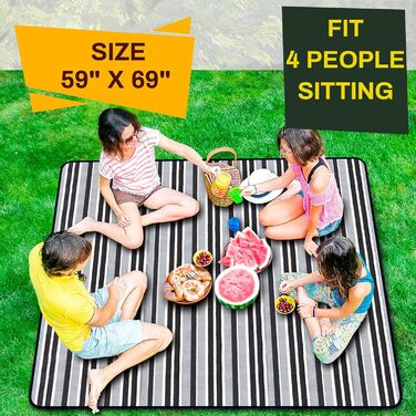 Водонепроникний плед для пікніка 3-шаровий, з флісу, для пляжу, кемпінгу, сімейний, чорно-сірий в клітинку