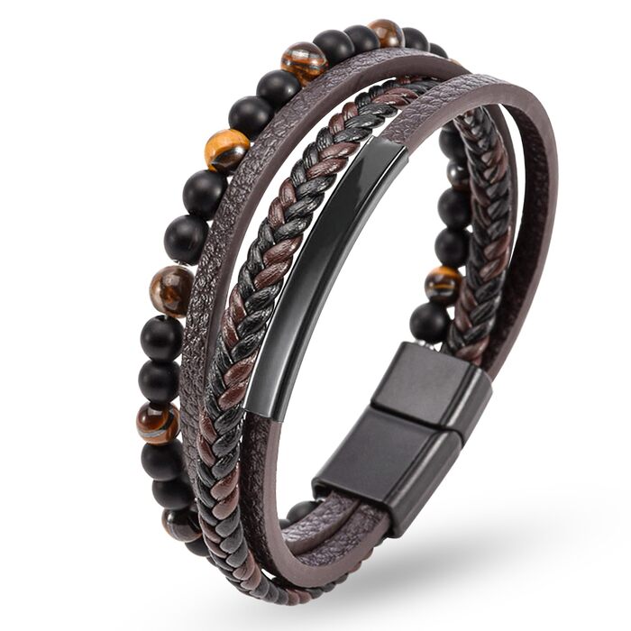 Чоловічий шкіряний браслет: стильний аксесуар для чоловіків. Браслет на руку з натуральної шкіри, 19-23 см, коричневий/чорний. Ідеальний подарунок на День батька.
