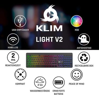 KLIM Light V2 Бездротова ігрова клавіатура QWERTZ (2023) – плоска, ергономічна, водовідштовхувана, з підсвічуванням для PC, Mac, PS4, PS5. Вбудований акумулятор.
