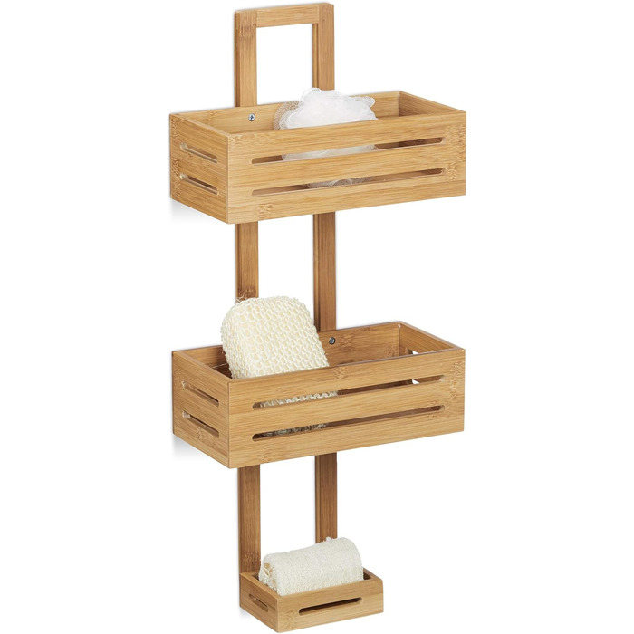 Relaxdays Shower Shelf Bamboo H x W x D: 65 x 28 x 15.5 cm Shower shelf made of wood as a hanging shelf for the shower with 3 shelves, shower basket as a bathroom shelf for hanging and a rust-free bathroom cabinet and shelf, natural