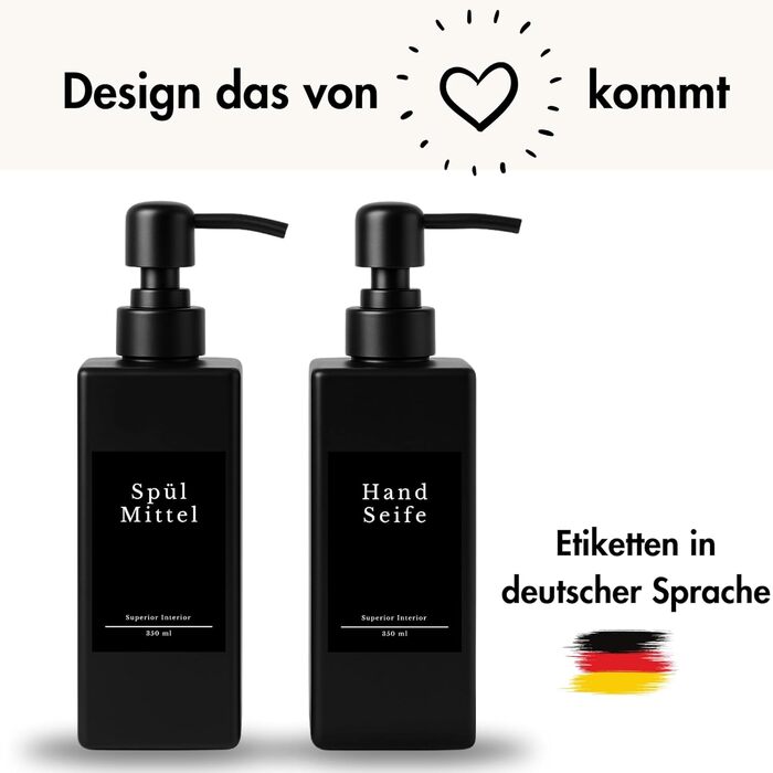 Диспенсер для мила скляний чорний матовий 2 шт, 350 мл з нержавіючою помпою для кухні та ванної кімнати + етикетки