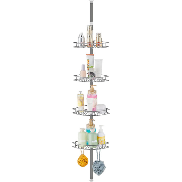 Hoomtaook Telescopic Shower Shelf, Shower Caddy Without Drilling Corner Stainless Steel Corner Shelf with 4 Shower Baskets, Telescopic Shelf Bathroom Height Adjustable 85-325cm for Bathroom and Kitchen, Grey