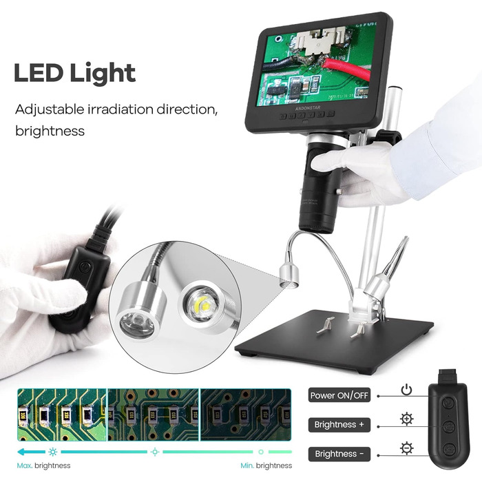 Цифровий мікроскоп Andonstar AD246S-M з 7-дюймовим екраном, 2000x, 3 об'єктиви, 2160P UHD відеозапис, 32GB карта пам'яті