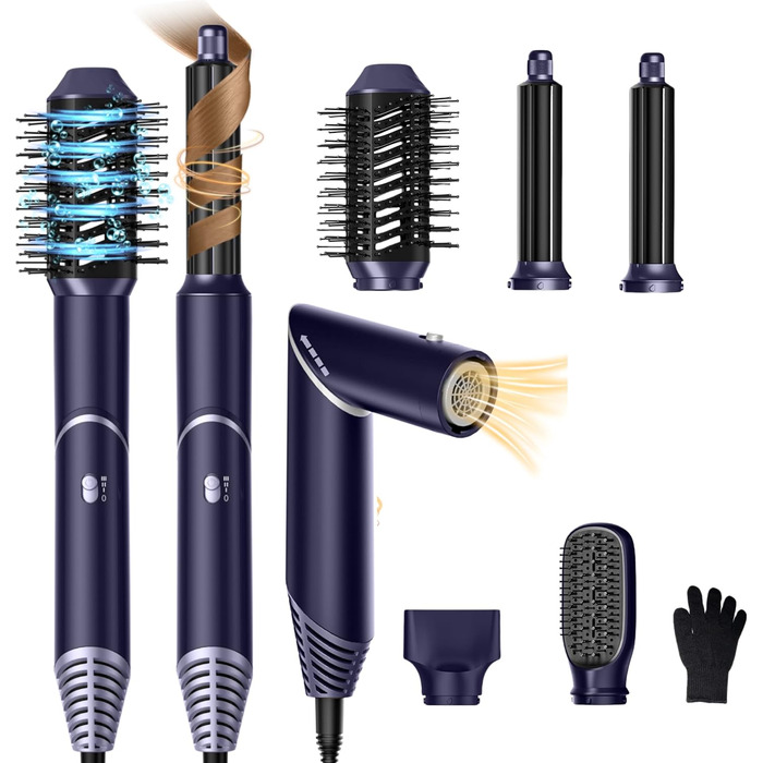 Airstyler 5 в 1: Набір для укладки волосся (фен, круглі щітки, локони, випрямляч), 60 000 обертів, чорний/блакитний