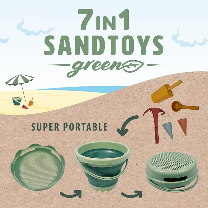 Schildkröt® 7in1 Sand Toys Set in Bio-Quality: Innovative sand-playing set with 6 tools made from sugar cane for digging, shaping, sifting, and raking, foldable 3-liter bucket
