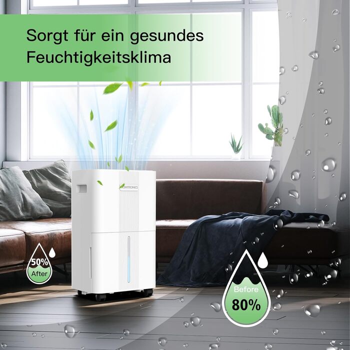 Електричний осушувач повітря Homtronics з гофрованим шлангом 1м, інтел. контроль вологості, 3 режими, таймер 24г, для підвалу, ванної, спальні