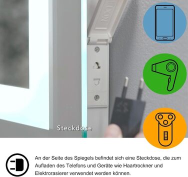 LED дзеркало для ванної кімнати LISA 70x50 см з підсвічуванням, сенсорне регулювання, тепле/холодне світло, протизапобігання запотіванню, Bluetooth, розетка, 3 кольори світла